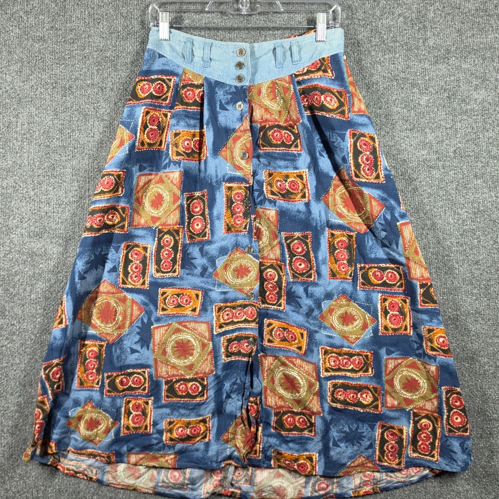Vintage Capacity Skirt Womens Large Midi Abstract Geometric Button Front